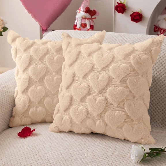 Valentines Pillow Covers 16x16 inch Set of 2 Valentines Day Decoration Beige Heart Soft Plush Faux Fur Jacquard Throw Pillows for Bedroom Sofa Holiday Festivals Home Decor