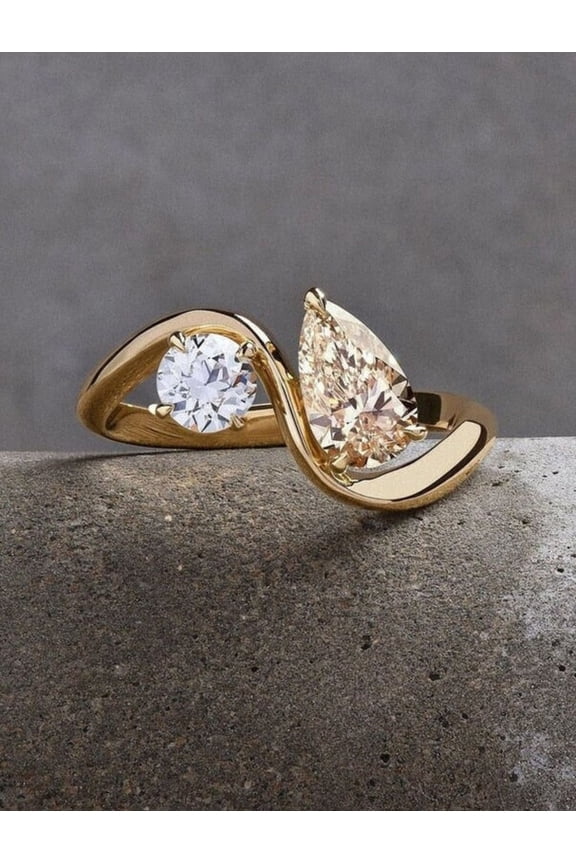 Two Stone Pear And Round Cut Crossover Solitaire Ring 14K Solid Gold Anniversary Ring for Women.