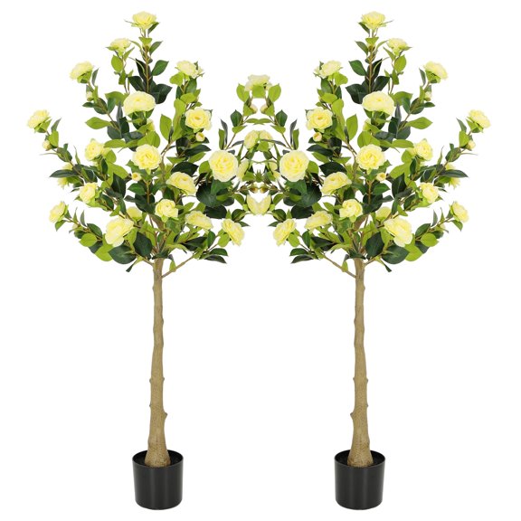 RosyHaven 5ft 2pack Artificial Camellia Tree with Realistic Yellow Flowers, 60"Lifelike Faux Flower Tree with Blooming Fake Flowers for Front Door Porch Patio Garden Yard Poolside Living Room Decor