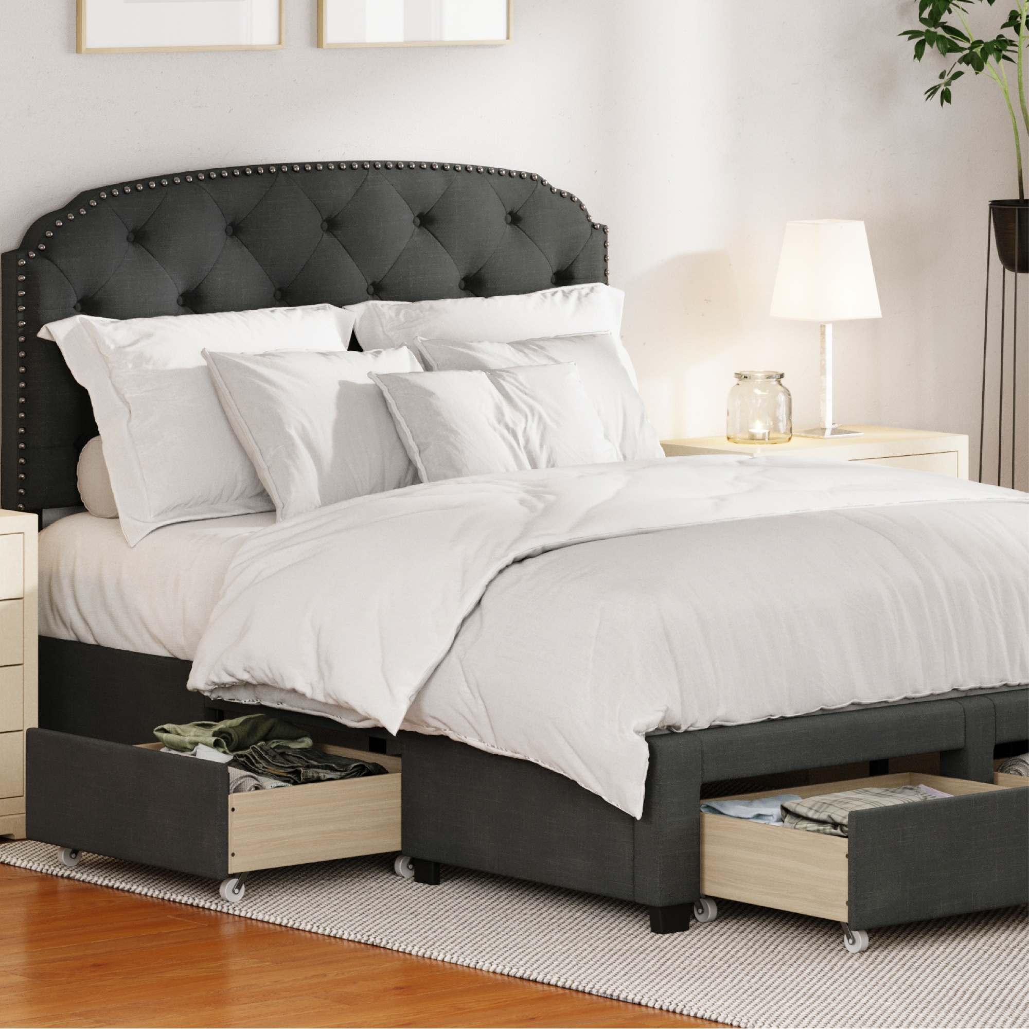 DG Casa Argo Tufted Upholstered Panel Bed Frame with Storage Drawers