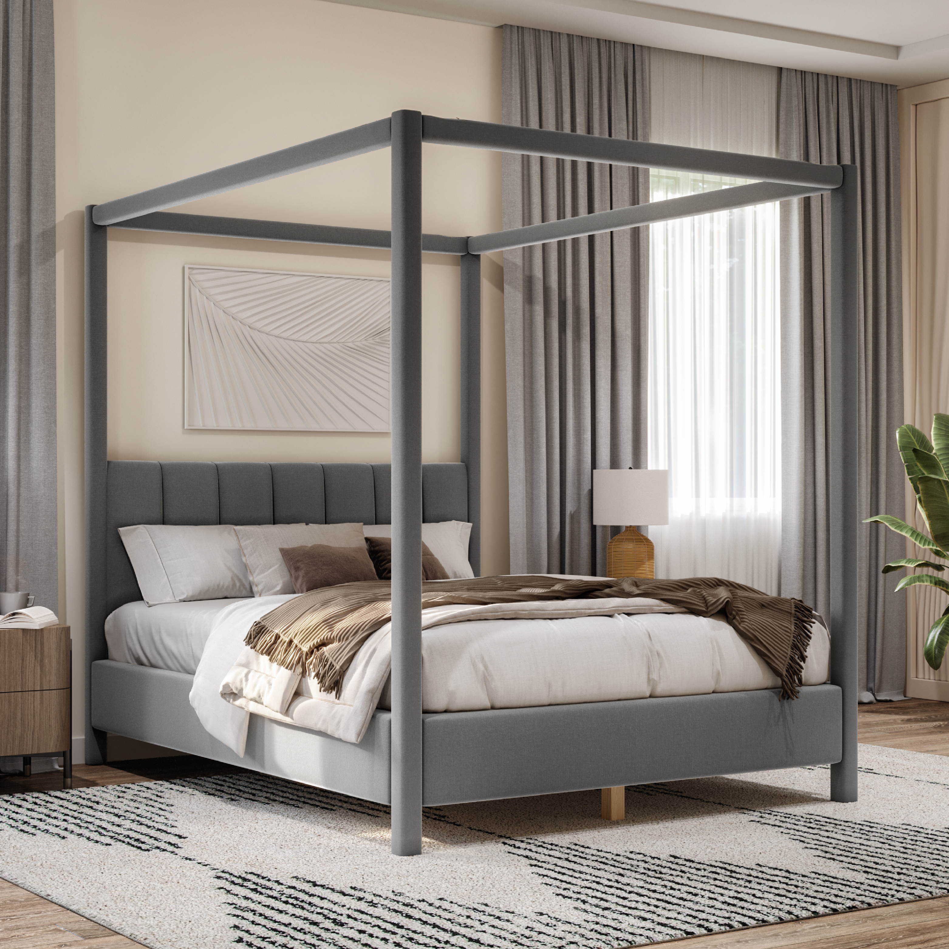 DG Casa Avery Queen Upholstered Canopy Platform Bed Frame with Padded