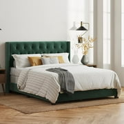 DG Casa Bardy Diamond Tufted Nailhead Trim Panel Bed Frame, Queen Size, Green Faux Velvet