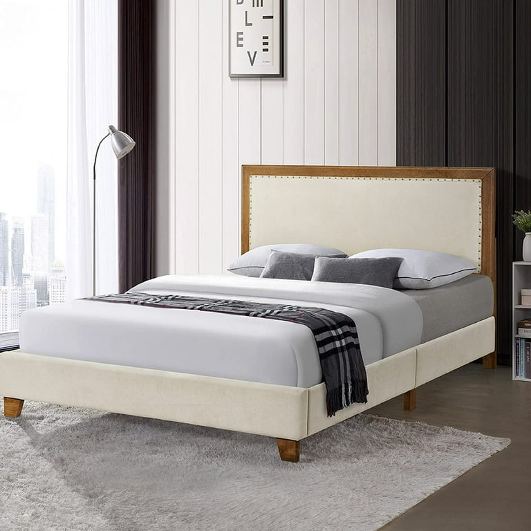 DG Casa Gabriel Queen Upholstered Platform Bed Frame Cream Fabric Chic Nailhead Boarder Walnut Color Finish Solid Rubberwood Timeless Design
