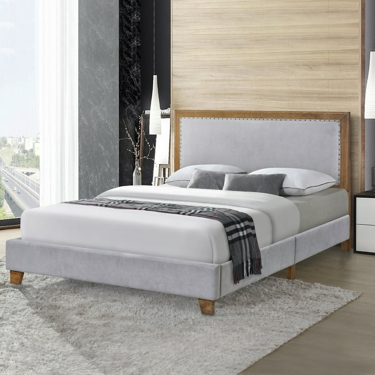 DG Casa Gabriel Queen Upholstered Platform Bed Frame Grey Fabric Chic Nailhead Boarder Walnut Color Finish Solid Rubberwood Timeless Design