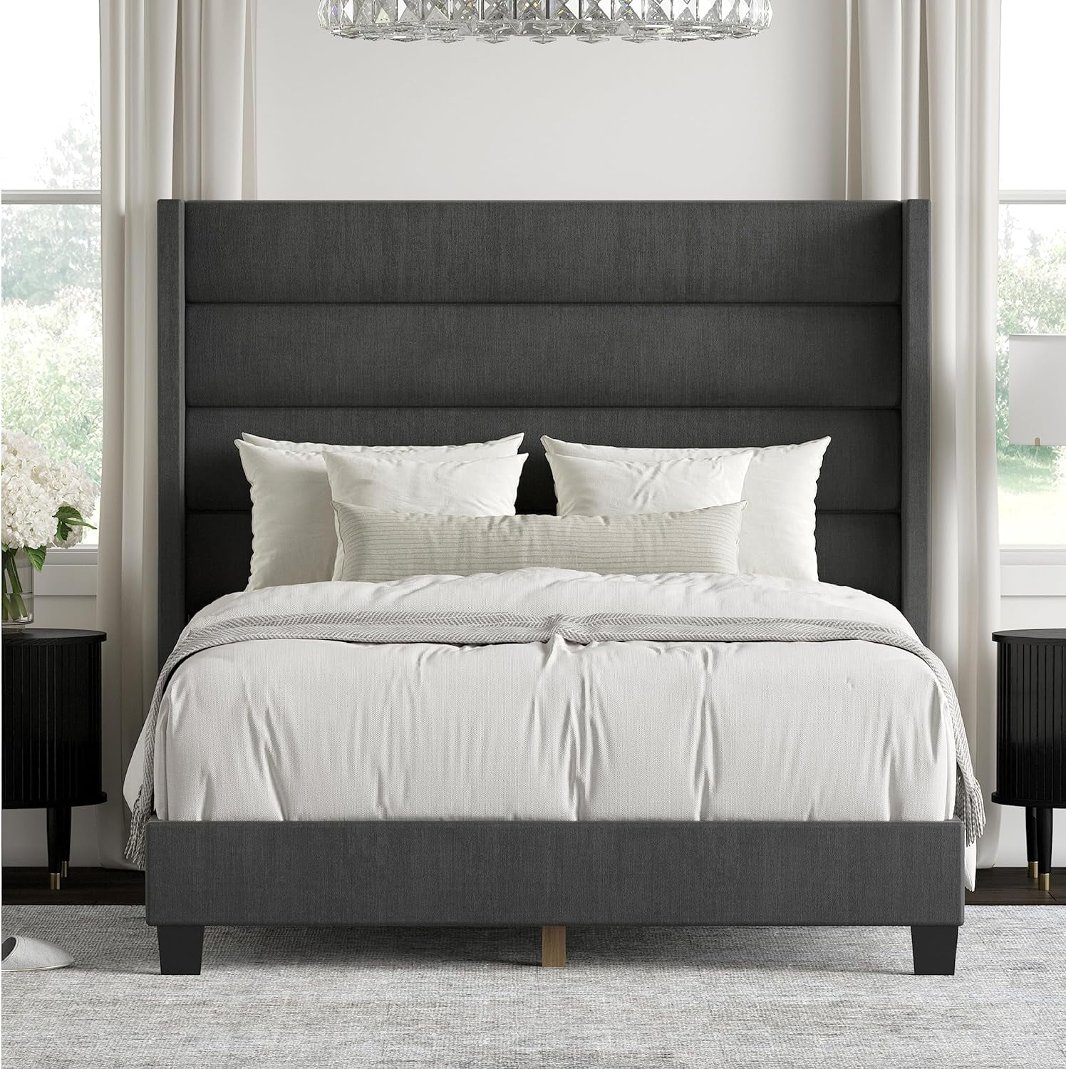 DG Casa King Size Bed Frame Charcoal Upholstered Panel Bed with Extra Tall Headboard