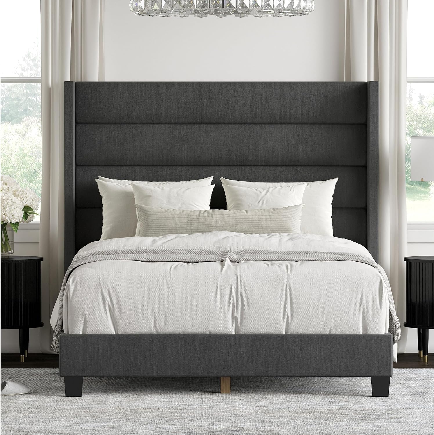 DG Casa George King Bed Frame - Charcoal Fabric Upholstered Panel Bed with Extra Tall Headboard - image 1 of 7