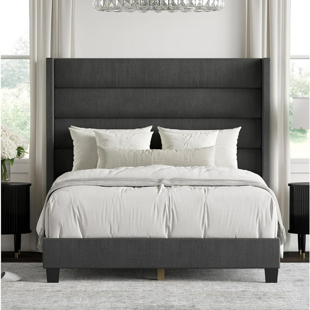 DG Casa George King Bed Frame - Charcoal Fabric Upholstered Panel Bed with Extra Tall Headboard