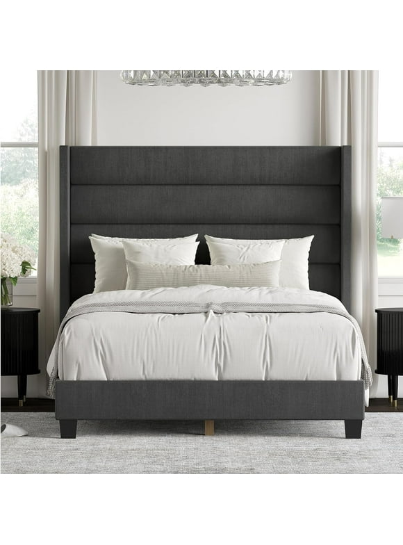 DG Casa George King Bed Frame - Charcoal Fabric Upholstered Panel Bed with Extra Tall Headboard