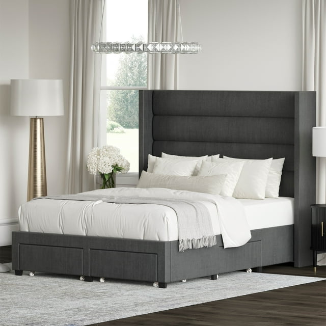 DG Casa George Modern Queen Size Bed Frame - Wooden Platform Bed Frame With Tall Tufted Horizontal Channel Wingback Headboard - Box Spring Needed - Upholstered Panel Bed Frame With Storage - Charcoal