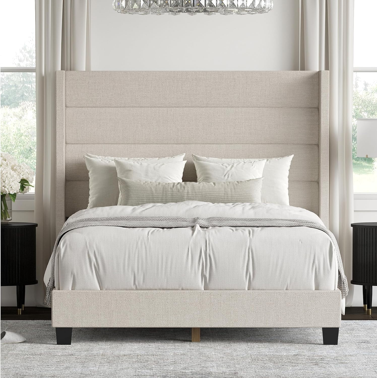 DG Casa George Queen Bed Frame Beige Fabric Upholstered Panel Bed with Extra Tall Headboard