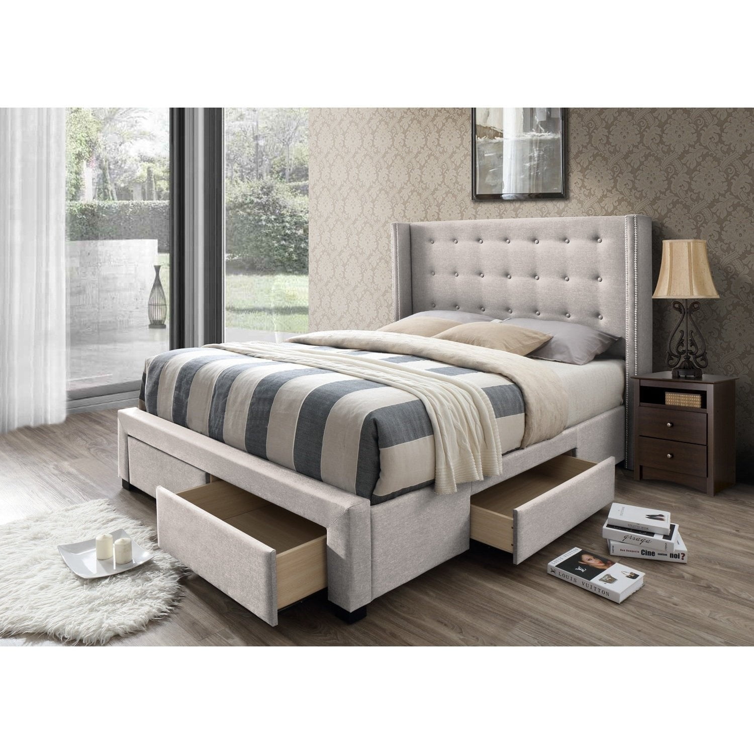 DG Casa Savoy Buttontufted Beige Linen Wingback 4drawer Storage Bed