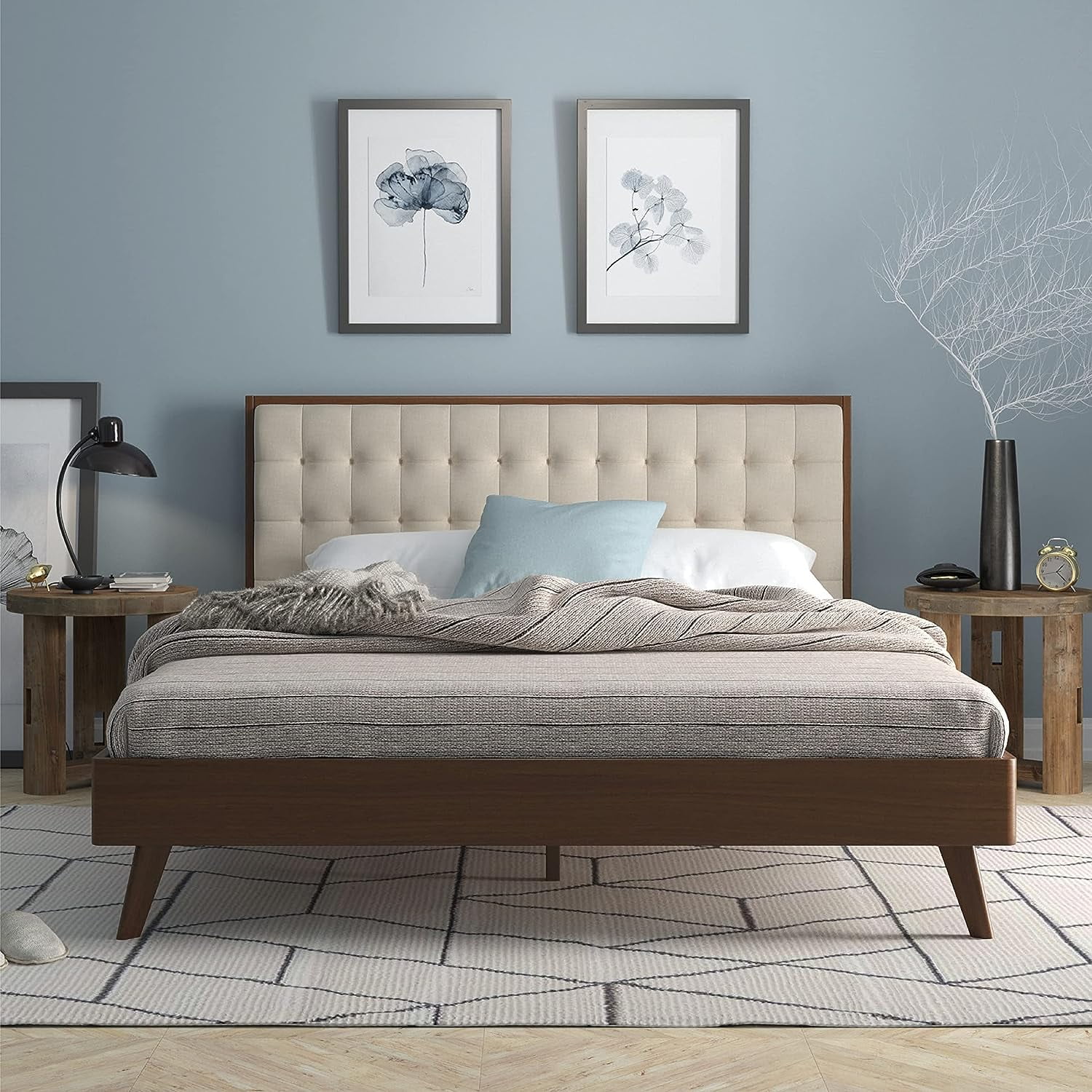 DG Casa Soloman Queen Size Beige Upholstered Bed Frame Mid Century Modern Design