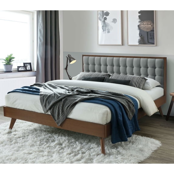 DG Casa Soloman Mid Century Modern Tufted Upholstered Platform Bed Frame, Queen Size in Grey Fabric
