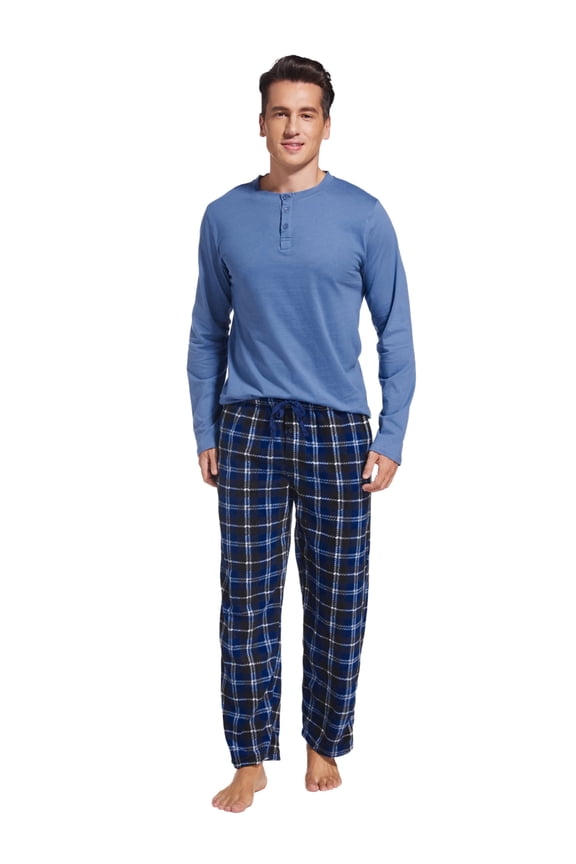 Men’s Pajama Set, 2-Piece Henley Sleepwear with Fleece Pants & Pockets