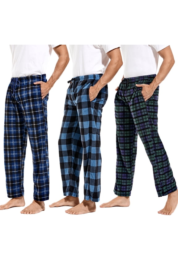 Mens Pajama Pants Plaid Fleece Lounge Sleepwear With Pockets 3 Pack L