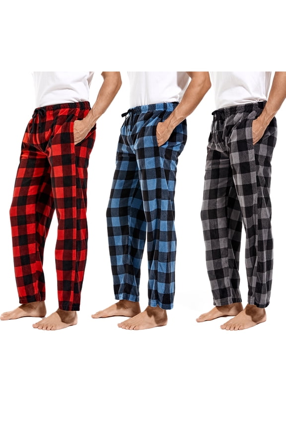 Mens Pajama Pants Plaid Fleece Lounge Sleepwear With Pockets 3 Pack L