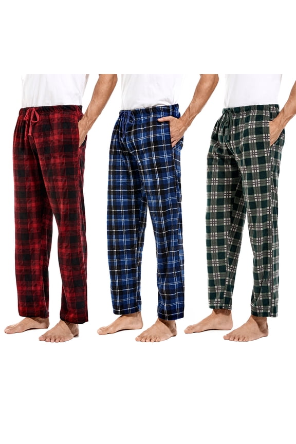Mens Pajama Pants Plaid Fleece Lounge Sleepwear With Pockets 3 Pack M