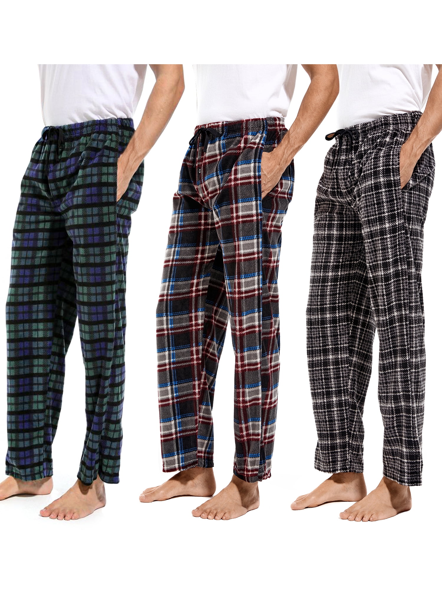 DG Hill Mens Pajama Pants Fleece Lounge Pants Sleepwear Plaid PJs with Pockets 3 Pack