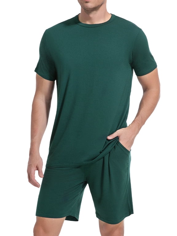 Men's Rayon Pajama Set Short Sleeve - Summer Cool Breathable Sleepwear, 2-Piece PJ Set with Adjustable Drawstring & Deep Pockets, Green XL