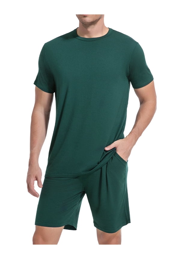 Men's Rayon Pajama Set Short Sleeve - Summer Cool Breathable Sleepwear, 2-Piece PJ Set with Adjustable Drawstring & Deep Pockets, Green XL