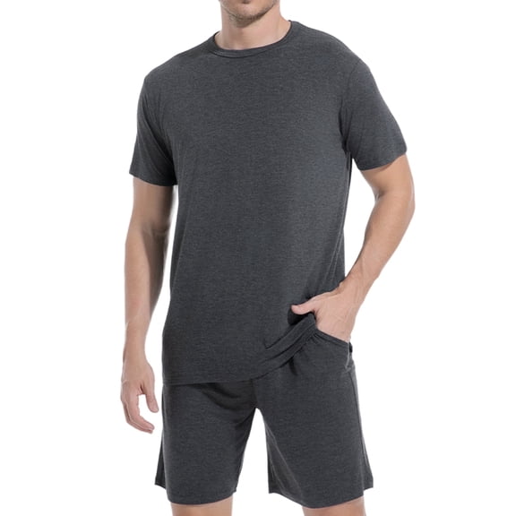 DG Hill Men's Rayon Pajama Set Short Sleeve - Summer Cool Breathable Sleepwear, 2-Piece PJ Set with Adjustable Drawstring & Deep Pockets, Black L