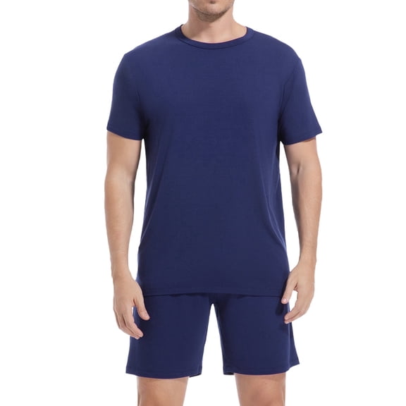DG Hill Men's Rayon Pajama Set Short Sleeve - Summer Cool Breathable Sleepwear, 2-Piece PJ Set with Adjustable Drawstring & Deep Pockets, Navy M