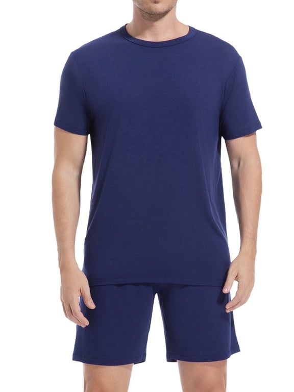 Men's Rayon Pajama Set Short Sleeve - Summer Cool Breathable Sleepwear, 2-Piece PJ Set with Adjustable Drawstring & Deep Pockets, Navy M