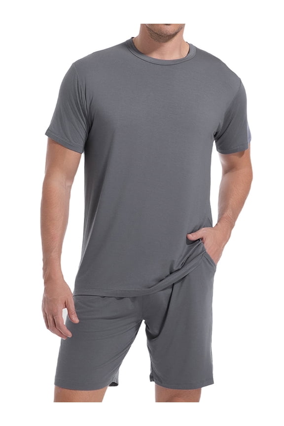 Men's Rayon Pajama Set Short Sleeve - Summer Cool Breathable Sleepwear, 2-Piece PJ Set with Adjustable Drawstring & Deep Pockets, Grey M