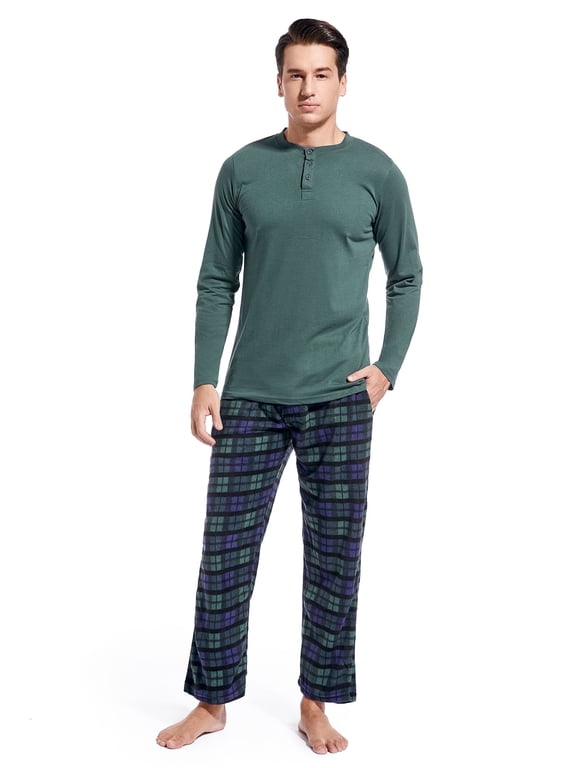 Men’s Pajama Set, 2-Piece Henley Sleepwear with Fleece Pants & Pockets