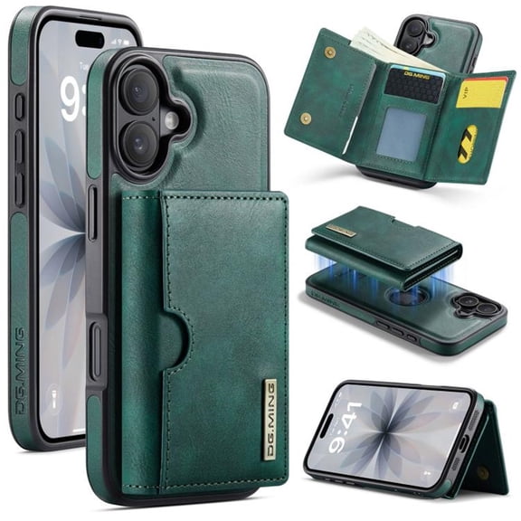 DG.MING Wallet Case for iPhone 16 6.1inch,Detachable Magnetic Wallet Phone Case with RFID Blocking, Card Slot,Holder, Leather Phone Case for Men Women,Green,For iPhone 16