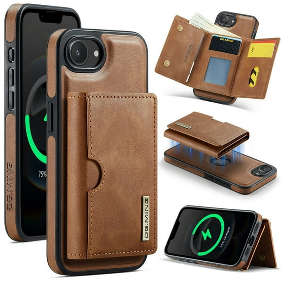 DG.MING Wallet Case for iPhone 16e 6.1inch,Detachable Magnetic Wallet Phone Case with RFID Blocking, Card Slot,Holder, Leather Phone Case for Men Women,Brown,For iPhone 16e
