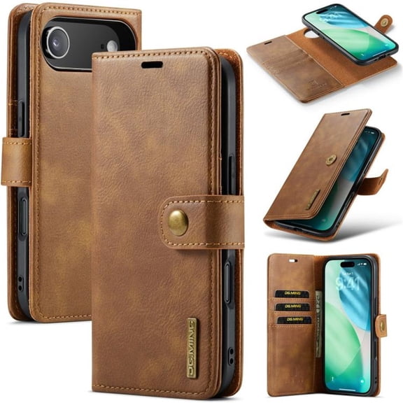 DG.MING for iPhone Air, 2-in-1 Crazy Horse Texture Phone Case with Removable Inner Back Cover, Strong Magnetic Attachment/Closure, Card Slots/Pocket, PU Leather Protective Solid Flip Wallet Case