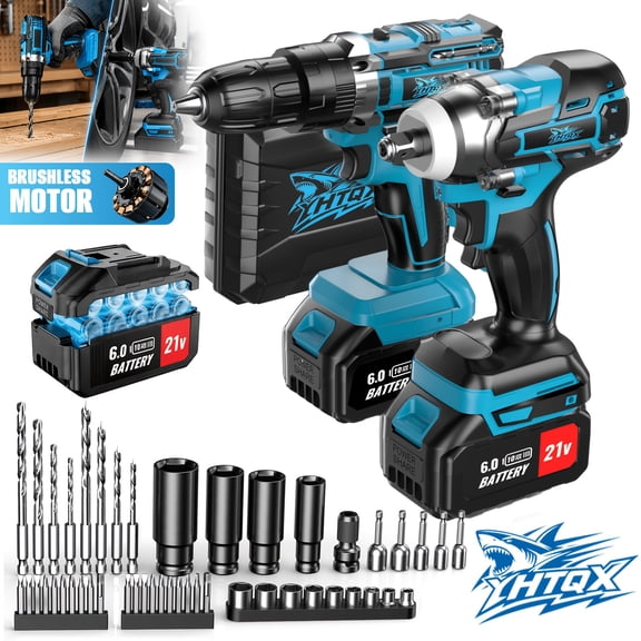 DGB Brushless Cordless Power Tool Combo Kit Lithium Wireless Drill Driver & Impact Wrench Set Portable High Torque Power Tools for Automotive Tire Repair Mechanical Garage Workshop Maintenance Jobs