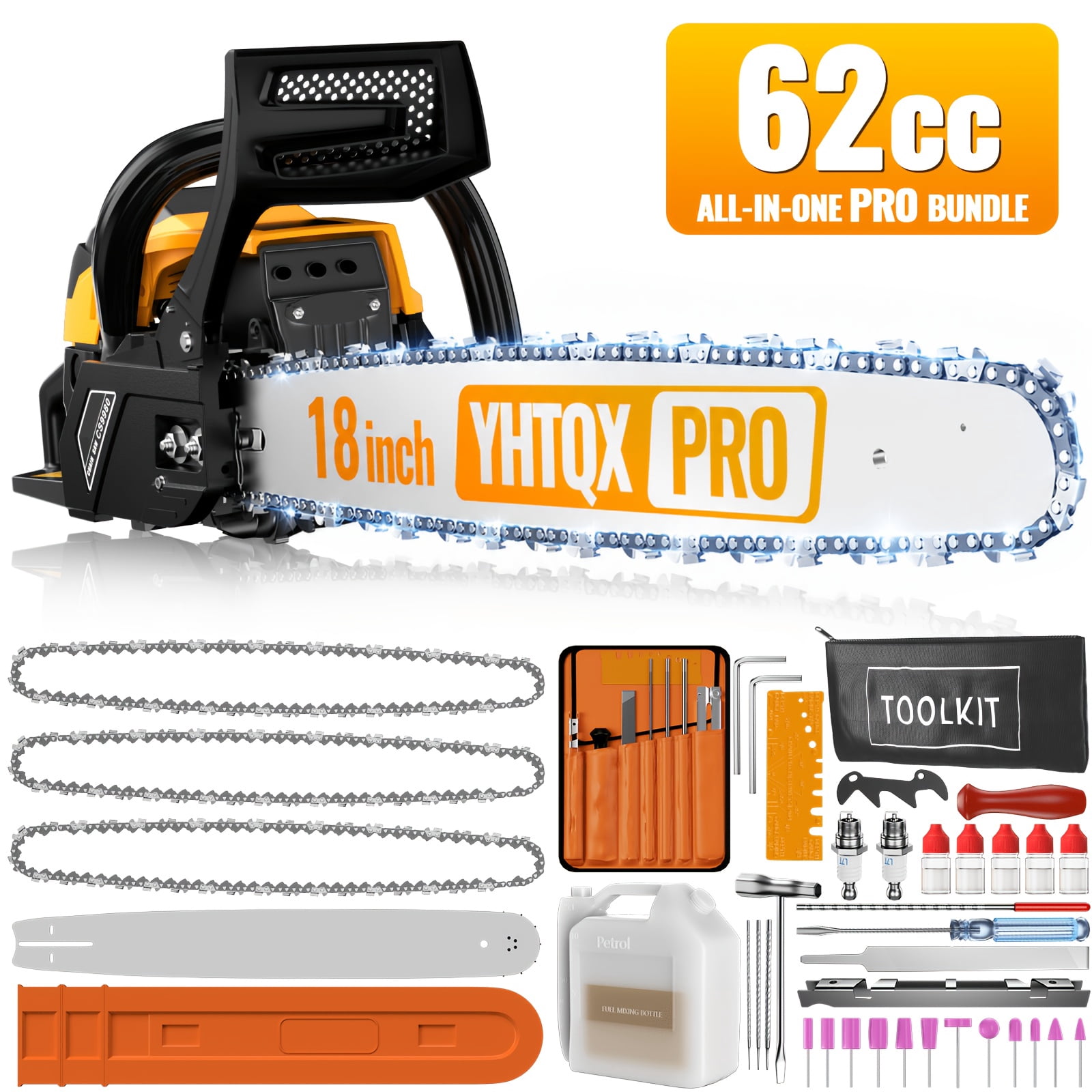 DGB Gas Powered Chainsaw for Wood Cutting and Tree Trimming, Cordless Petrol Chainsaw for Outdoor Garden, Farm and Ranch Use, Professional Gasoline Chain Saw for Logging and Firewood Cutting