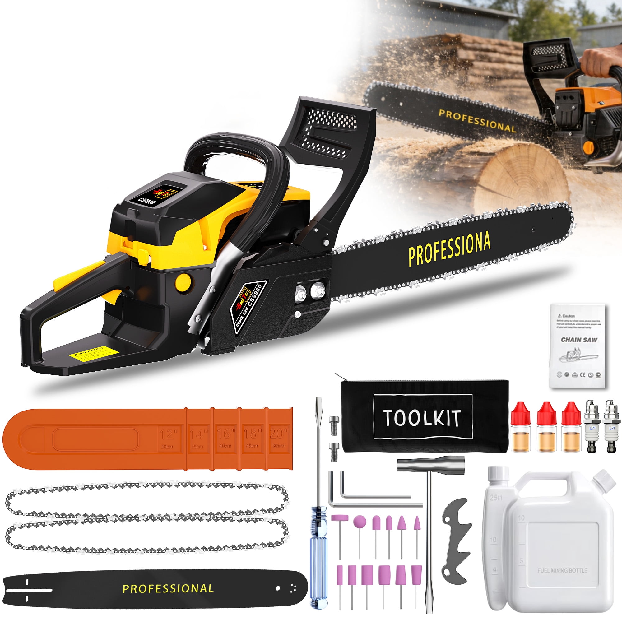 DGB Gas Powered Professional Chainsaw, Wood Cutting Chainsaw for Tree Trimming, Firewood, Land Clearing, Yard & Farm Maintenance, Heavy Duty Outdoor Power Tool