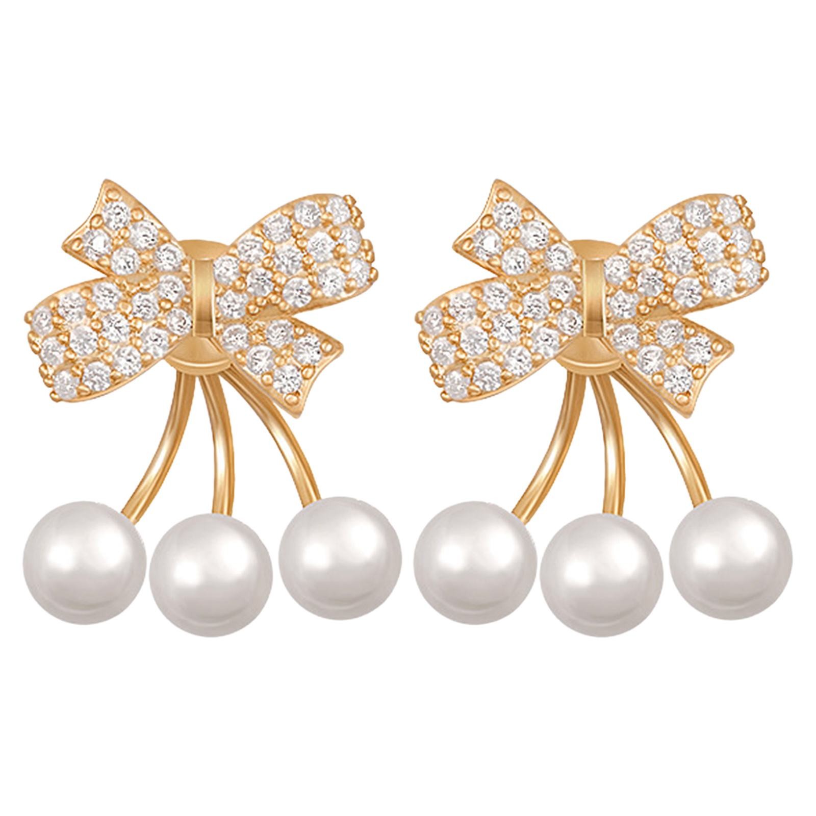 DGHM Pearl Bow Rhinestone Earrings Thin Dangle Gold Elegant Pearl