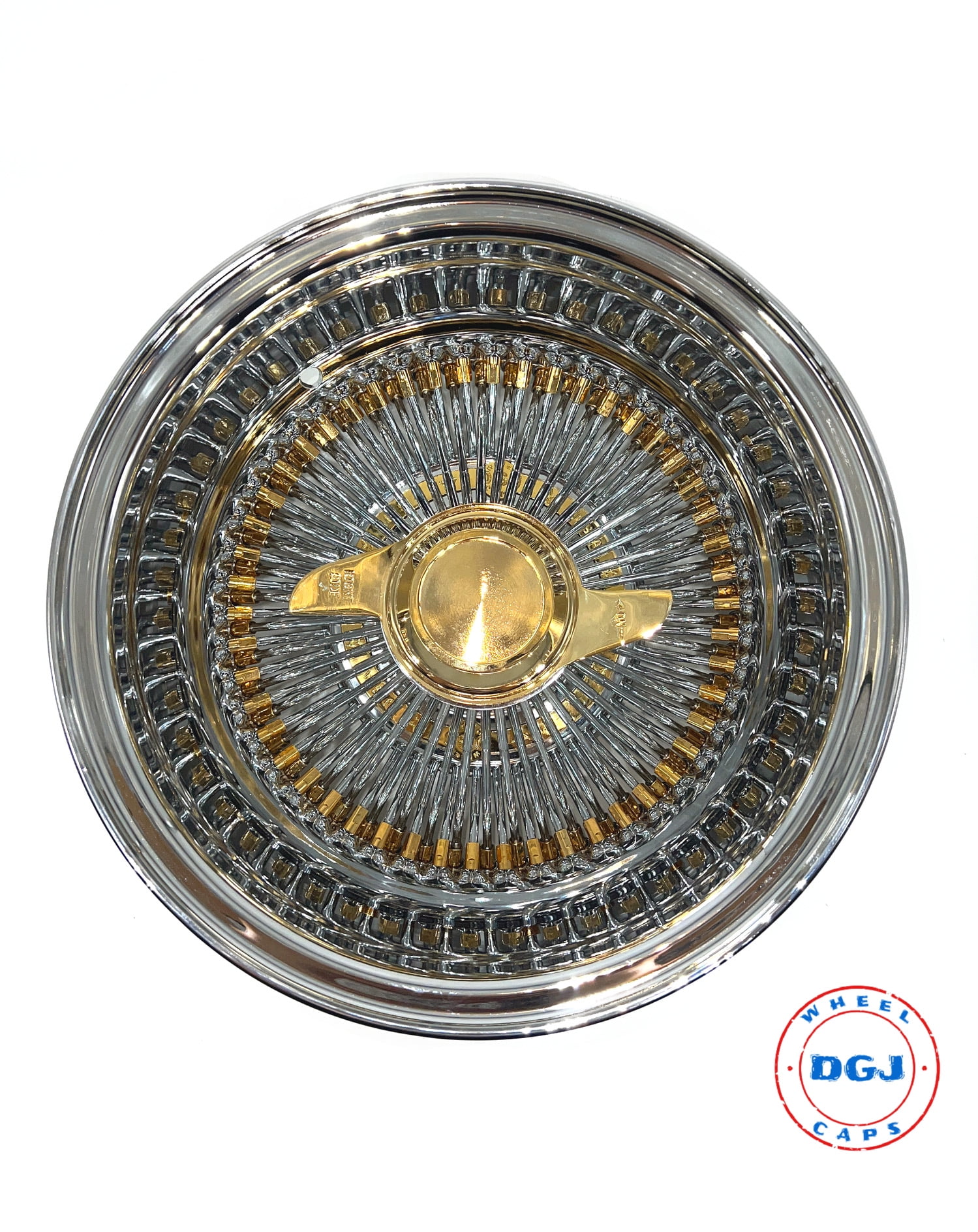 DGJ 14x7 Lowrider Wire Wheel Rims with 100 Gold Spokes DGJ 14x7 Lowrider Wire Wheel Rims with 100 Gold Spokes
