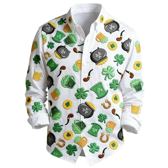 DGMIOCS 2026 St. Patrick's Day Shirt for Men Button Down Irish Shamrock Printed Long Sleeve Lapel Shirts Casual Loose Fit Tops Green M