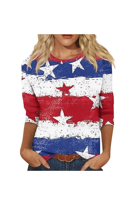 4Th of July Shirts Women 3/4 Sleeve Crewneck Cute Shirts Casual Print Three Quarter Length T Shirt 2026 Spring Summer Clothing for Women