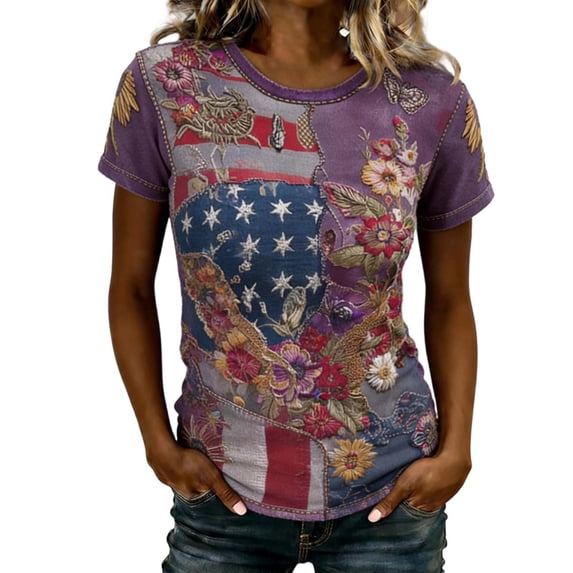 DGMIOCS 4th of July Outfits for Women Crew Neck Patriotic Tops Short Sleeve Summer T-Shirt Dark Purple L
