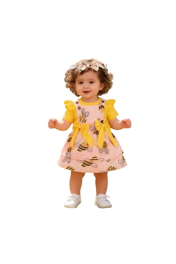 Baby Girls' 3 Piece Outfit - Yellow Ruffle Bodysuit & Bee Print Overall Dress with Headband Yellow 6-9 Months