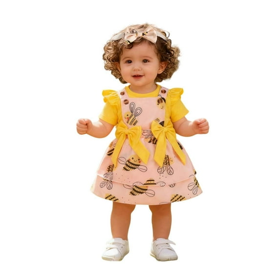DGMIOCS Baby Girls' 3 Piece Outfit - Yellow Ruffle Bodysuit & Bee Print Overall Dress with Headband Yellow 9-12 Months