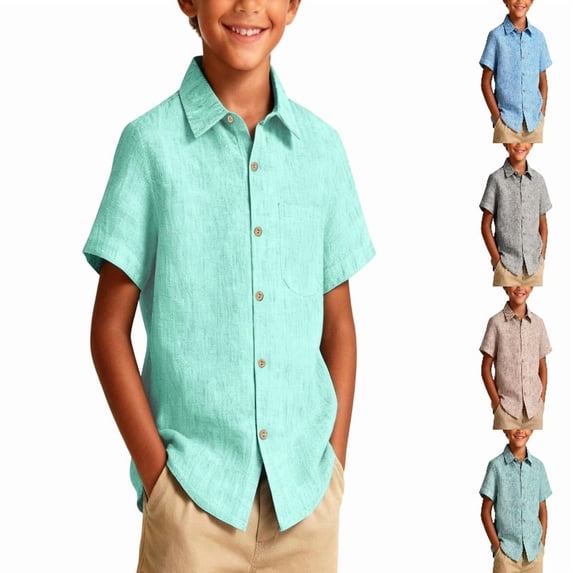 DGMIOCS Boys Button Down Chambray Shirts Casual Short Sleeve Cotton Linen Shirt with Pockets for Kids 1-11 Years Mint Green