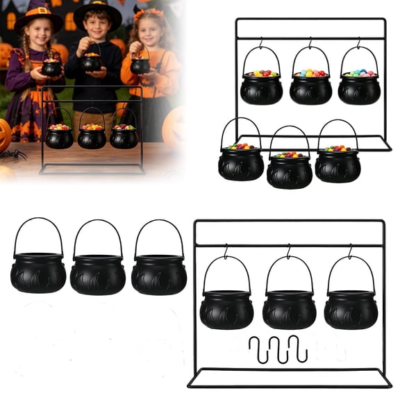 DGMIOCS Cauldron Halloween Party Decor, Set of 6 Hanging Black Cauldron Bowls with Iron Rack, Mini Candy Bucket Serving Punch Bowl for Table Witch Hocus Pocus Indoor Home Decorations
