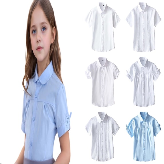 DGMIOCS Cute Shirts for Girls Collared Button Down Pleated Bow Tie Puff Short Sleeve Blouse Summer School Uniform Top Size: 130/57 Sky Blue