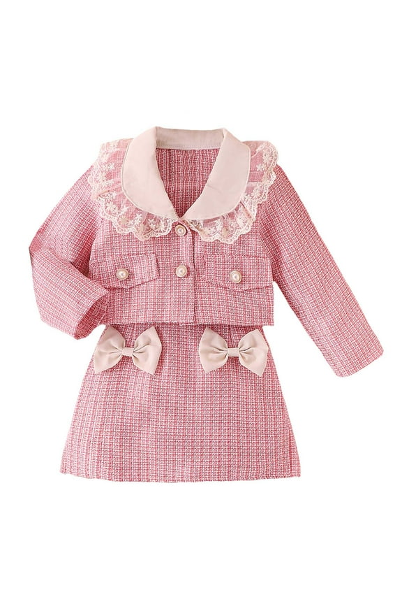 Girl 2-Piece Set,Bow Detail Skirt Set,Elegant Toddler Girl Set,Girls Coat Skirt Set,Little Girl Elegant Coat Set Pink 4-5 Years