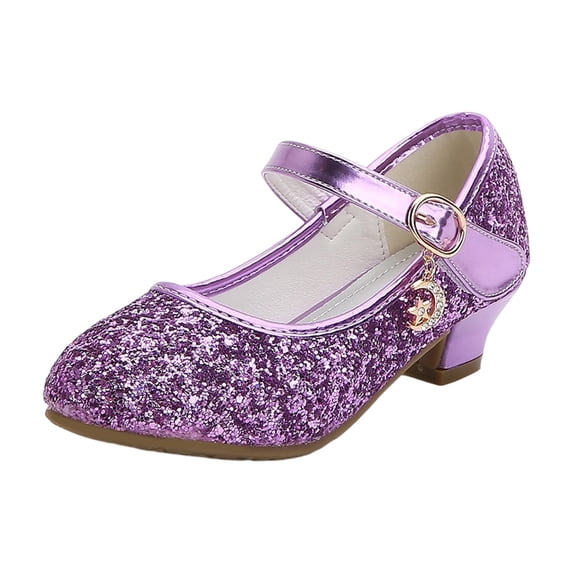 DGMIOCS Girl's Dress Shoes Mary Jane Glitter Low Heel Wedding Party Princess Shoes for Toddler/Little/Big Kids Purple 4.5-5 Years