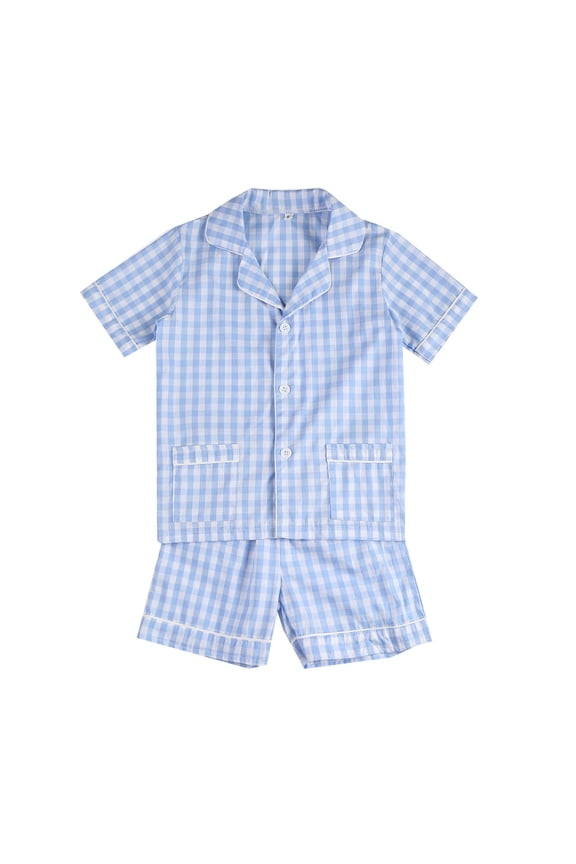 Girls 2-Piece Paj Set,Ruffle Trim Sleepwear,Toddler Girls Paj Set,Short Sleeve Lapel Paj,Gingham Ruffle Shorts,Kids Casual Loungewear Blue 1-2 Years