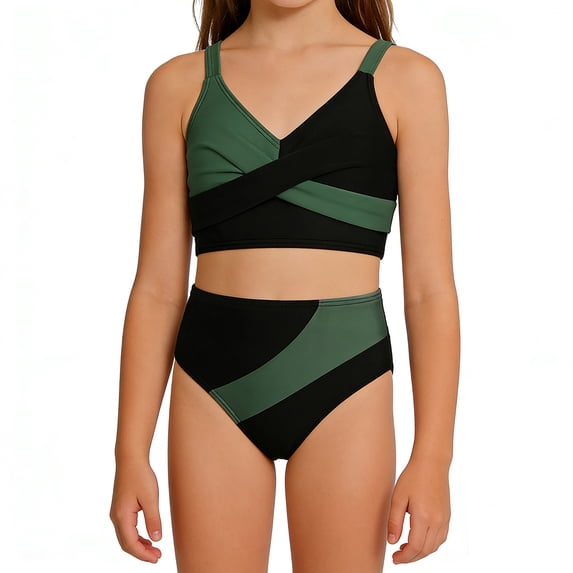 DGMIOCS Girls' Color Block 2 Piece Swimsuit - Cross Wrap Halter Bikini Set with Adjustable Straps Army Green 15-16 Years