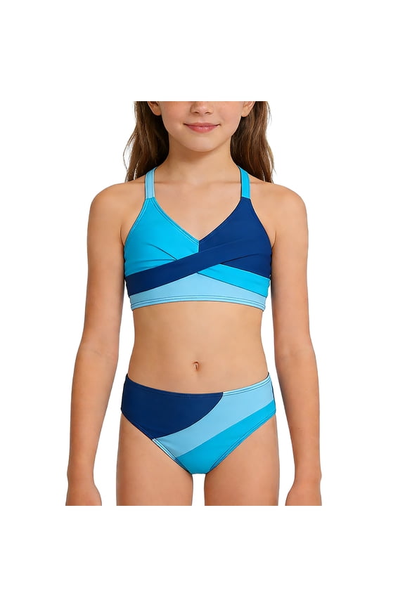 Girls' Color Block 2 Piece Swimsuit - Cross Wrap Halter Bikini Set with Adjustable Straps Blue 9-10 Years